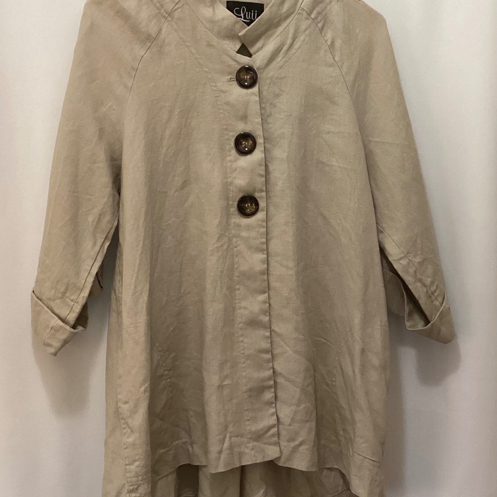Luii Tan Tunic Top - Size S - Mandarin Collar - Back Pleated Detail - 100% Linen